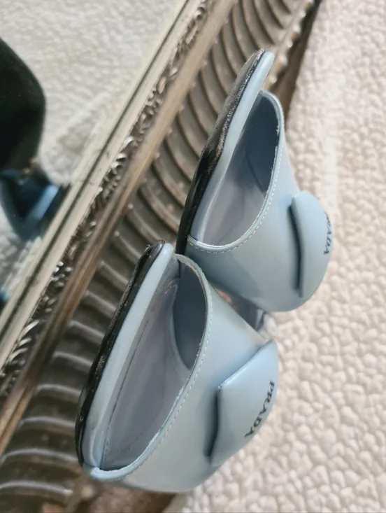 PRADA Burnished Leather Heeled Slide Sandals In Celeste EU 37.5 US 7.5 Org $1295 - Picture 12 of 16